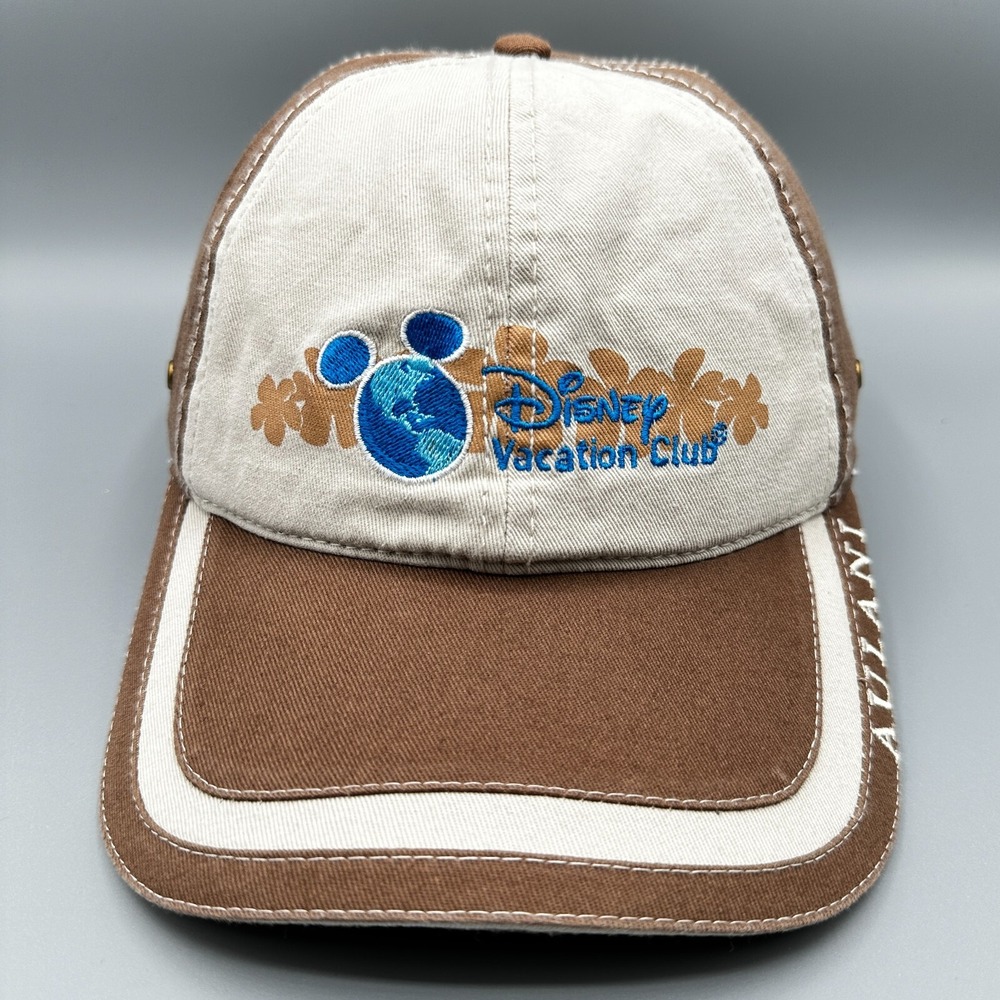 Disney‎ Vacation Club Aulani Hat Adult Cap Brown Stripe Floral Mickey Adjustable